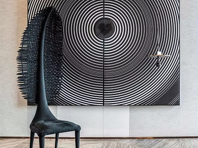 Modern Stylish Single Black Chair in Contemporary Interior with Abstract Monochrome Circular Wall Art 3d model