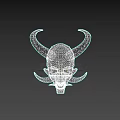 Three Dimensional Demon Skull Sculpture with Large Horns Red Eyes Tusks Gray Tone Carved Artwork