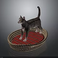 Gray Cat With Yellow Eyes Standing On Wicker Basket With Red Plaid Cushion
