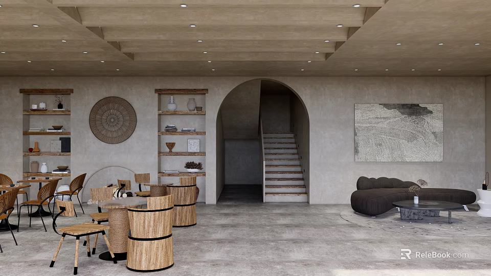 Cozy Restaurant Interior With Beige Ceiling Recessed Lighting Arched Doorway Wooden Furniture And Wall Decor 3d model 