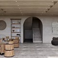 Cozy Restaurant Interior With Beige Ceiling Recessed Lighting Arched Doorway Wooden Furniture And Wall Decor