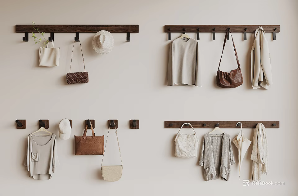 Stylish Wall Mounted Hooks In Entryway With Hat Bags Clothes And Scarves 3d model 
