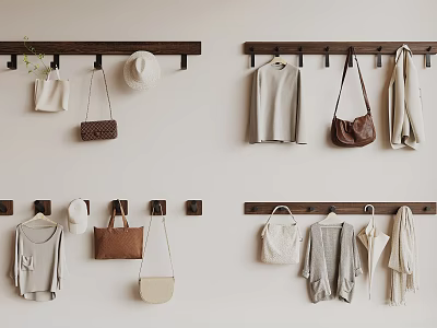 Stylish Wall Mounted Hooks In Entryway With Hat Bags Clothes And Scarves 3d model
