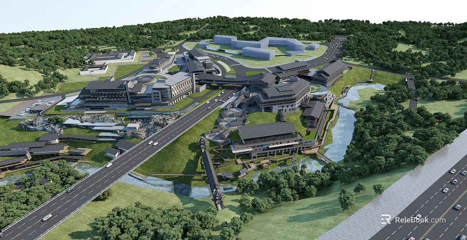 Aerial Planning of Modern Architectural Complex with Green Spaces River and Roads 3d model 