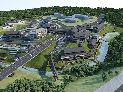 Aerial Planning of Modern Architectural Complex with Green Spaces River and Roads 3d model
