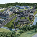 Aerial Planning of Modern Architectural Complex with Green Spaces River and Roads