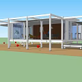 Modern Detached Villa Featuring White Frame Glass Windows Indoor Orange Chairs and Outdoor Terrace
