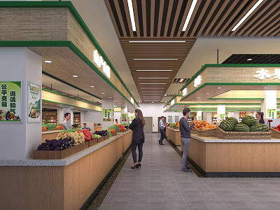 Supermarket Grocery Interior With Fresh Fruits Vegetables Produce Stalls And Customers Shopping 3d model