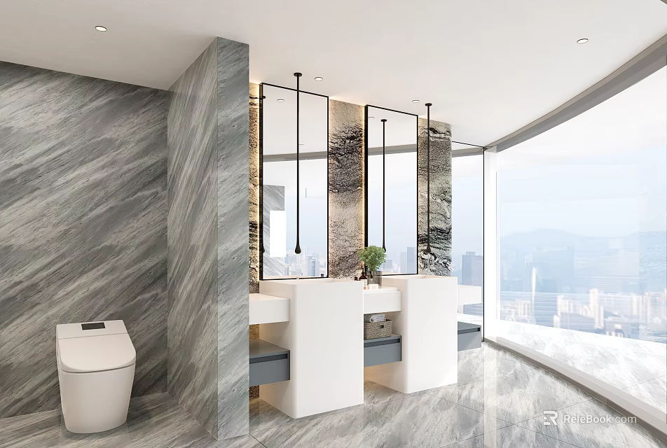 Modern Bathroom With Sleek Faucet On White Double Vanity And Marble Walls And City View 3d model 