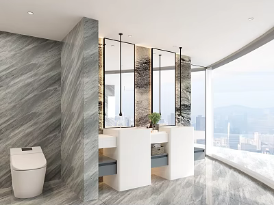 Modern Bathroom With Sleek Faucet On White Double Vanity And Marble Walls And City View 3d model