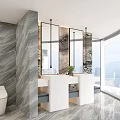 Modern Bathroom With Sleek Faucet On White Double Vanity And Marble Walls And City View