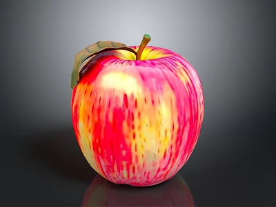 Fresh Red and Yellow Striped Apple with Green Leaf and Stem on Dark Background 3d model