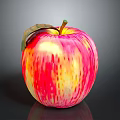 Fresh Red and Yellow Striped Apple with Green Leaf and Stem on Dark Background