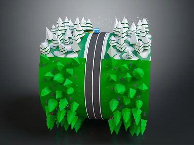Green Grass With Central Road Flanked By Snow Capped Trees And Car 3d model