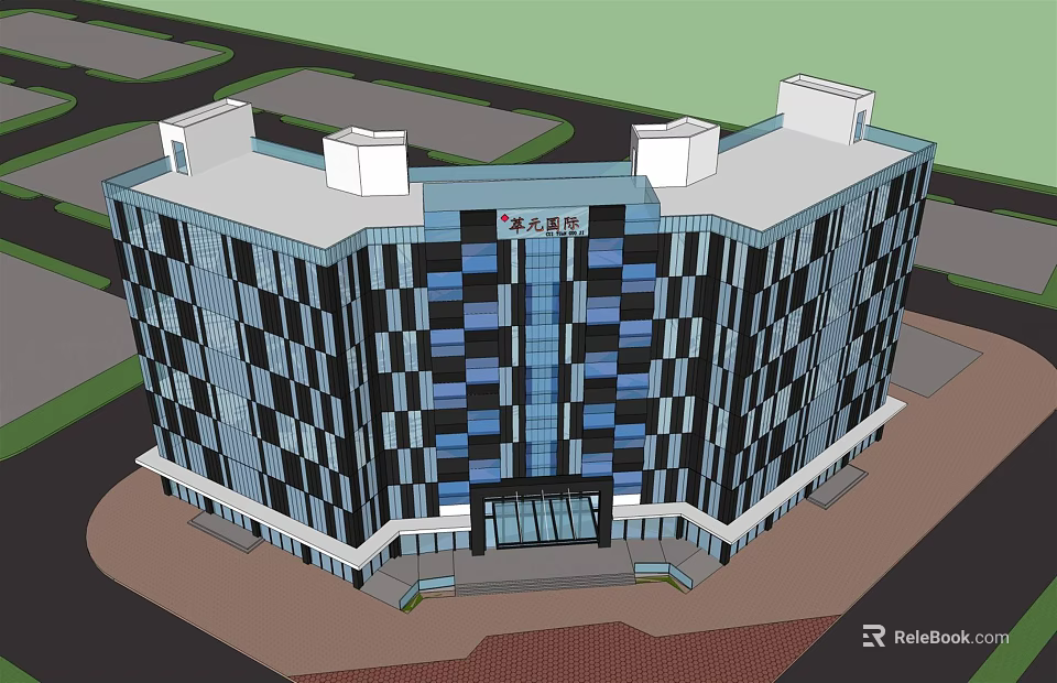 Modern Office Building Featuring Glass Facade Geometric Design And White Rooftop Structures 3d model