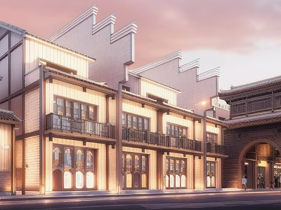 Traditional Chinese Commercial Street With Multi Story Buildings Classic Storefronts And Warm Lighting 3d model
