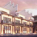 Traditional Chinese Commercial Street With Multi Story Buildings Classic Storefronts And Warm Lighting