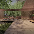Wooden Garden Walls In Serene Landscape With Trees Lawn And Stone Pathway