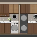Modern Laundry Room Interior With Stacked Washers Wooden Cabinets And Sink
