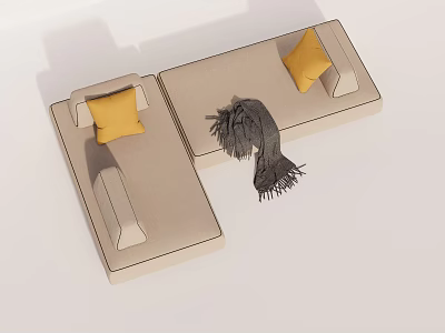 Beige L shaped Sectional Sofa With Yellow Throw Pillows And Gray Blanket 3d model