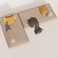 Beige L shaped Sectional Sofa With Yellow Throw Pillows And Gray Blanket 3d model