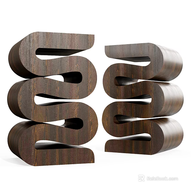 Wooden Side Tables With Modern Curved Spiral Design And Natural Wood Grain 3d model 