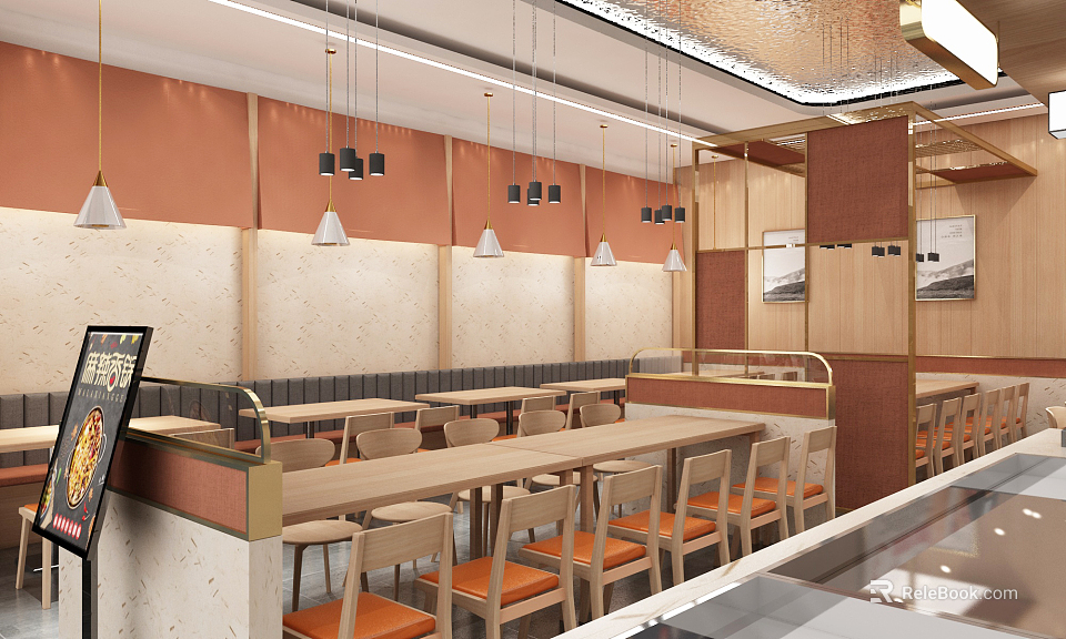 Modern Restaurant Interior With Beige Orange Walls Wooden Dining Tables Orange Chairs And Pendant Lights 3d model 