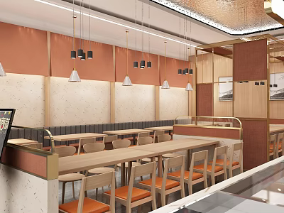 Modern Restaurant Interior With Beige Orange Walls Wooden Dining Tables Orange Chairs And Pendant Lights 3d model