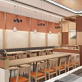 Modern Restaurant Interior With Beige Orange Walls Wooden Dining Tables Orange Chairs And Pendant Lights
