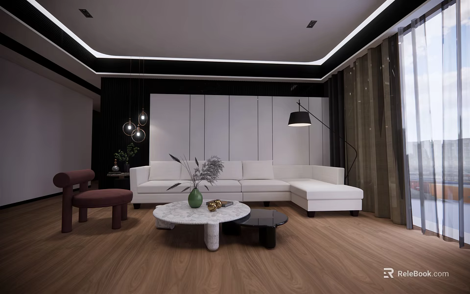 Modern Living Room With White L shaped Sofa Round Coffee Table Wooden Flooring And Floor Lamp 3d model 