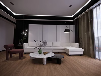 Modern Living Room With White L shaped Sofa Round Coffee Table Wooden Flooring And Floor Lamp 3d model