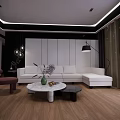 Modern Living Room With White L shaped Sofa Round Coffee Table Wooden Flooring And Floor Lamp