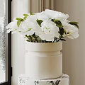 White Flowers In Double Layered White Vase On Stand By Snowy Window With Curtain