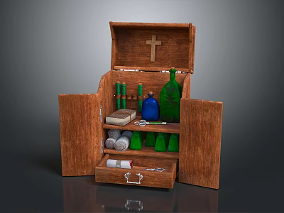 Open Wooden Chest With Cross Green And Blue Bottles Scrolls And Small Cups 3d model