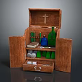 Open Wooden Chest With Cross Green And Blue Bottles Scrolls And Small Cups