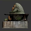 Obese Green Game Movie Character With Orange Belly Sitting On Stone Platform