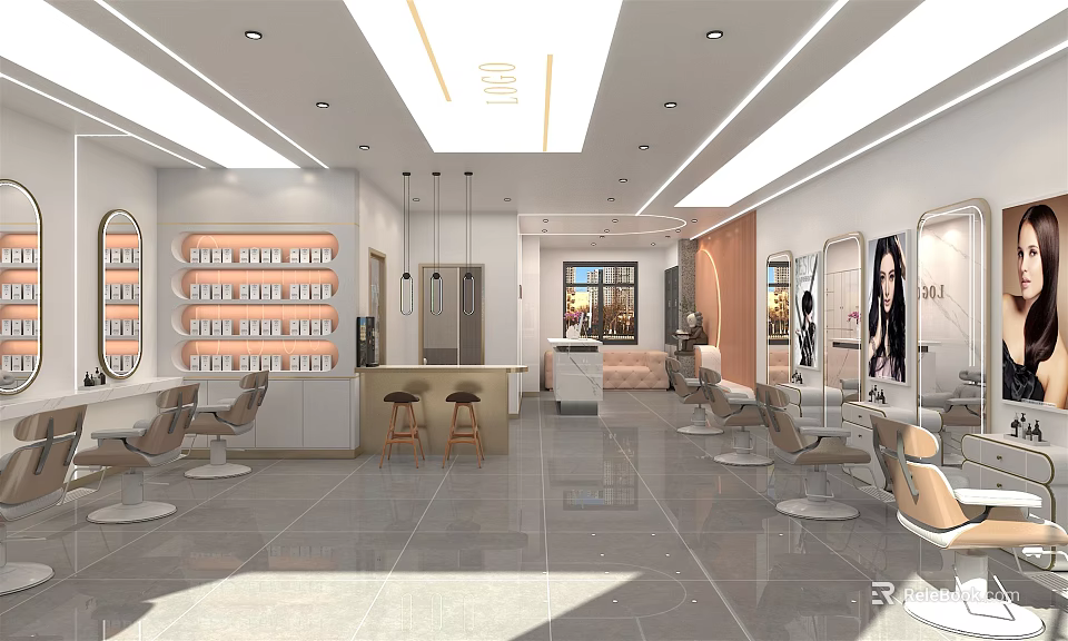 Modern Hair Salon Interior Design With Styling Chairs Mirrors And Workstations 3d model 