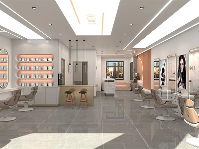 Modern Hair Salon Interior Design With Styling Chairs Mirrors And Workstations 3d model