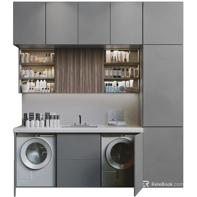 Gray Bathroom Cabinetry with Open Shelves Holding Toiletries Wooden Backsplash Sink Countertop and Washing Machines 3d model 