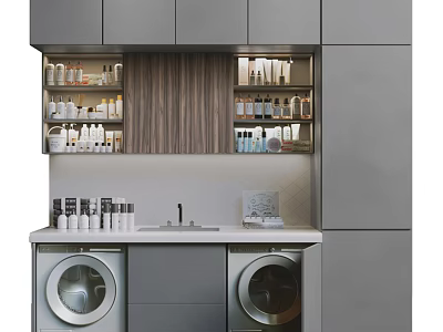 Gray Bathroom Cabinetry with Open Shelves Holding Toiletries Wooden Backsplash Sink Countertop and Washing Machines 3d model