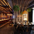 Modern Restaurant Interior With Wooden Partitions Pendant Lights Hanging Plants Round Dining Table And Chairs