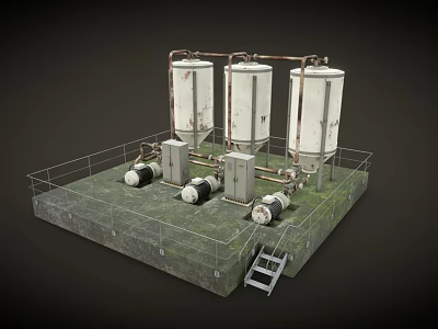 Industrial Facility Model With Three Storage Tanks Pipes Pumps And Railing Platform 3d model