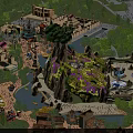 Amusement Park Featuring Mountain Structure Colorful Decorations Water Area Trees Buildings and Crowded Visitors