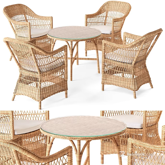 Outdoor Rattan Table Chair Set With Glass Top Leisure Furniture Design 3d model 