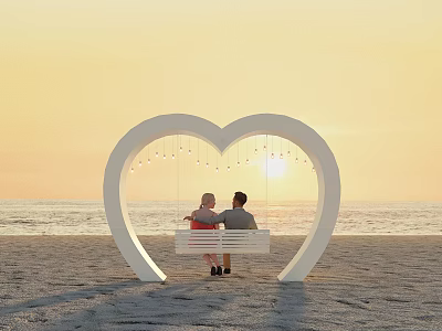 Romantic Heart Shaped Playground Equipment With Bench And Hanging Lights At Beach Sunset 3d model