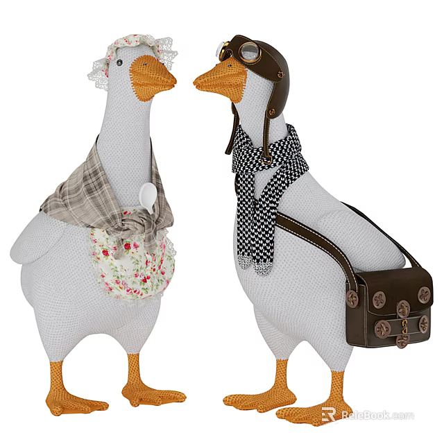 Adorable Stuffed Goose Dolls Wearing Hats Scarves Apron Pilot Helmet and Bag 3d model 