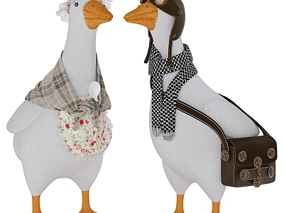 Adorable Stuffed Goose Dolls Wearing Hats Scarves Apron Pilot Helmet and Bag 3d model