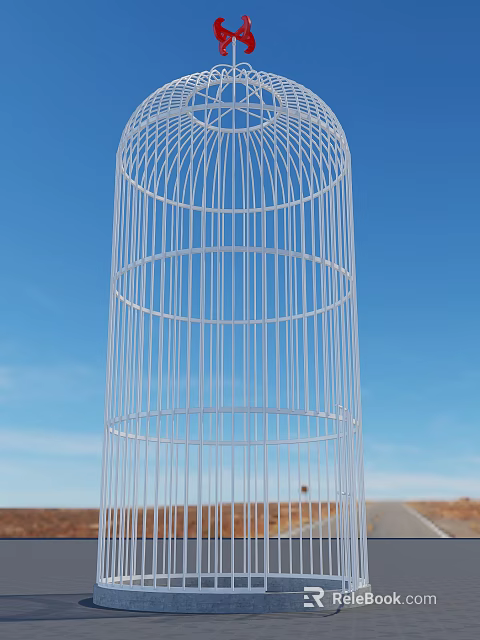 White Metal Birdcage Decorative Ornament Set With Openwork Structure And Blue Sky Backdrop 3d model 