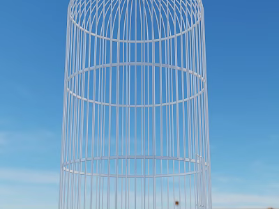 White Metal Birdcage Decorative Ornament Set With Openwork Structure And Blue Sky Backdrop 3d model