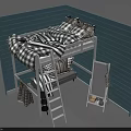 Kids Loft Bed with Plaid Bedding Light Blue Wooden Wall Ladder and Mirror